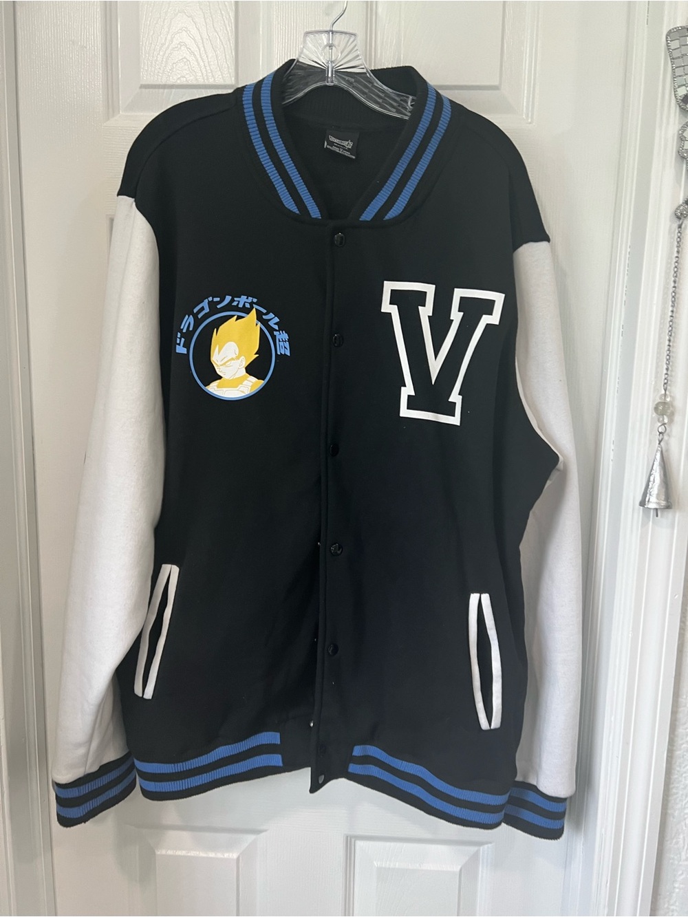 Black & White Varsity Jacket with Blue Trim and 'V' Patch